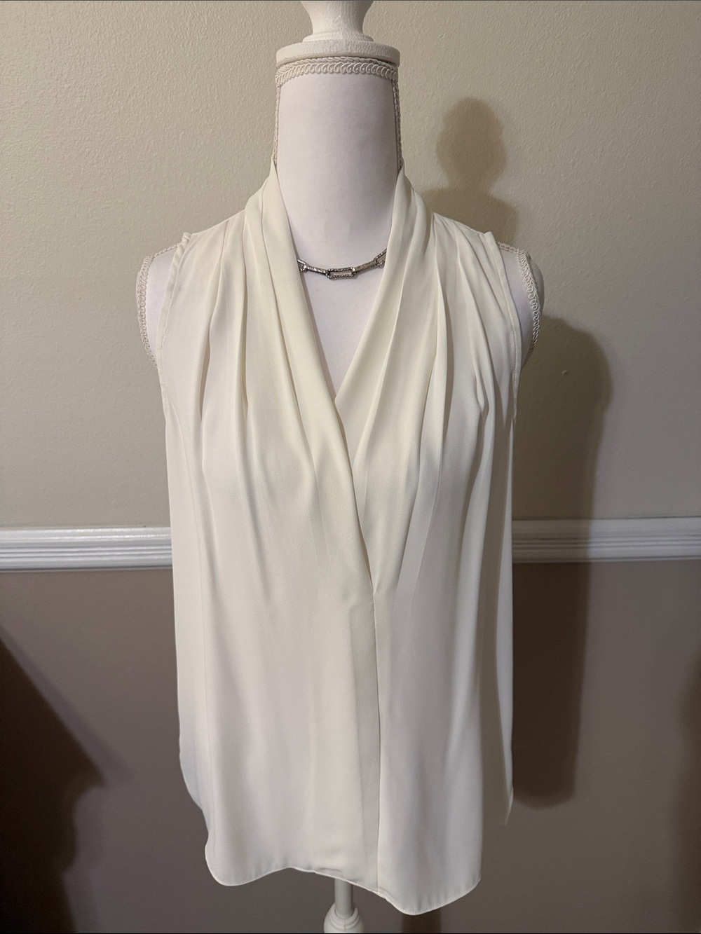 White House Black Market Ivory Draped V-Neck Sleeveless Shell